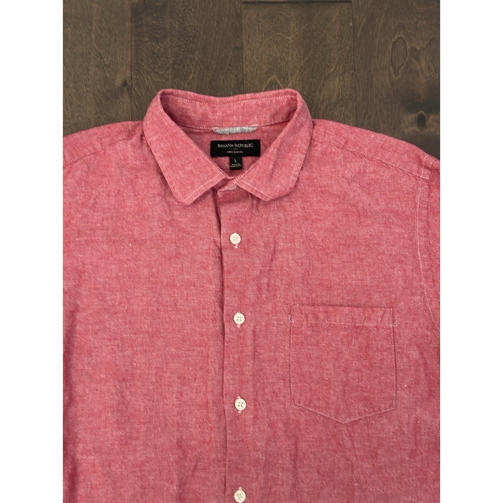 Banana Republic Mens Button Down Red Linen/Cotton Short Sleeve Slim Fit Shirt